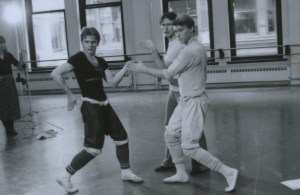 American Ballet Theatre principal dancer and artistic director Mikhail Baryshnikov and Robert La Fosse (right) rehearsing with choreographer John McFall (center) in McFall's ballet "Follow the Fleet," in 1983.  Photo: MIRA.