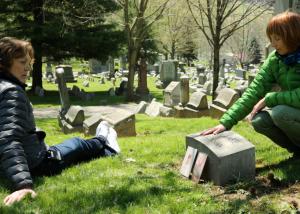 Jane Anderson and her spouse, Tess, at Edith's graveside. Photo courtesy HBO.