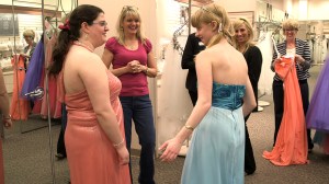 Jessica Sullivan and Caroline McKenzie search for the perfect gown for their spring formal dance. Photo courtesy HBO.