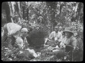 Theodore Roosevelt (right foreground), Candido Rondon and camaradas encamped during their joint American/Brazilian Amazonian expedition in 1914. Photo courtesy the Library of Congress.