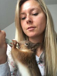 Sheelagh McAllister, Scottish SPCA's Head of Small Mammals, hand feeds Billy, an orphan red squirrel every hour. Billy's progress is documented in NATURE: A SQUIRREL'S GUIDE TO SUCCESS. Photo courtesy Sheelagh McAllister.