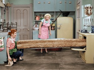 Too much yeast? Lucy Ricardo (Lucille Ball) and Ethel Mertz (Vivian Vance) have their hands full in the newly colorized 1952 I LOVE LUCY episode, PIONEER WOMEN. Photo ©2017 CBS Broadcasting, Inc. All Rights Reserved.