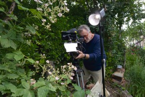 Martin Dohrn filming bees in his garden in Bristol, UK. Photo courtesy Hugh Campbell/©Passion Planet.