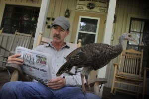 Jeff Palmer (Joe Hutto) and a fellow performer during the filming of Joe Hutto's real life saga, MY LIFE AS A TURKEY. Photo © David Allen.